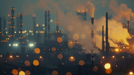 A dusky sky serves as the backdrop for a defocused image of a textile factory its chimneys billowing thick plumes of smoke amidst a maze of glowing industrial lights. .