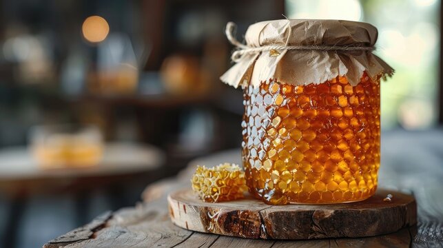 jar of honey with honeycomb,art image
