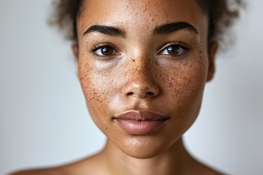 The picture of the african woman that facing at the camera, the young beautiful girl has freckles on her face, the black lady is going under facial treatment for her face to become more clean. AIGX01.