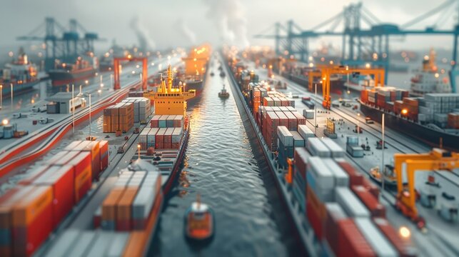 Perspective 3d render minimal style Big picture of the port scene, freighters, trains, various ships, houses, goods, containers. Generative AI.