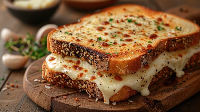 close up of a melted cheese toast sandwich stock image