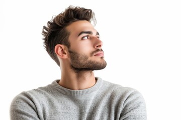 Fototapeta premium Male fashion portrait in pensive gaze isolated on white background