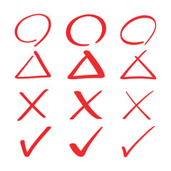 シンプルな丸・三角・バツ・チェックのアイコンセット（赤）_Simple circle, triangle, cross, and check icon set (red)