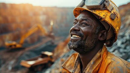 Smiling black South African miner looking downwards standing in an open platinum mine. Generative AI.