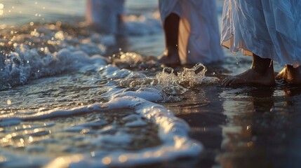 Closeup of gentle waves lapping against a shoreline where people of different faiths come together to perform a water ritual for peace. . - obrazy, fototapety, plakaty