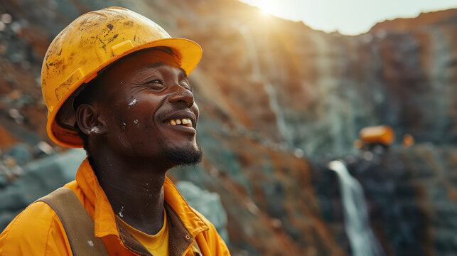 Smiling black South African miner looking downwards standing in an open platinum mine. Generative AI.