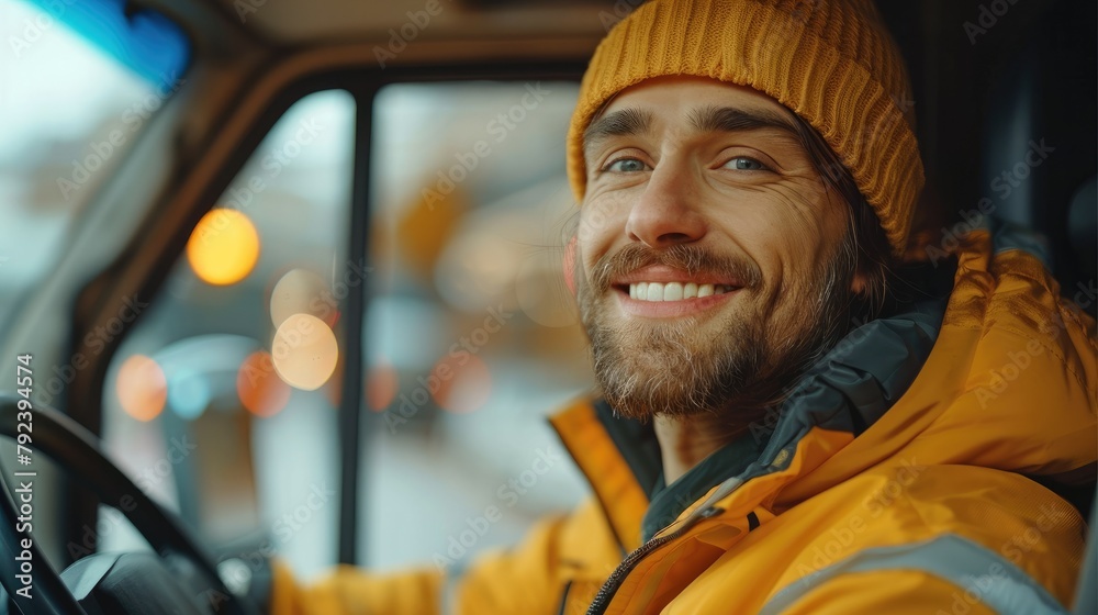 Poster smiling driver driving delivery of parcel. delivery concept. generative ai.