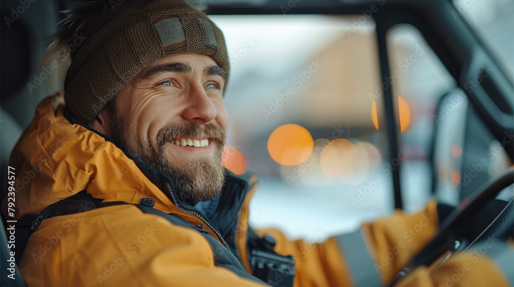 Poster smiling driver driving delivery of parcel. delivery concept. generative ai.