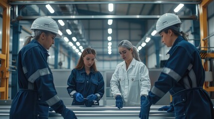 Three employees engaged in the meticulous assembly of an aluminum gate inside the factory. Generative AI.
