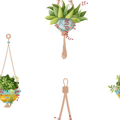Seamless pattern. Houseplant and macrame plant growing in pots. Set of handmade home decorations macrame plants isolated on white background. Cartoon flat illustration.