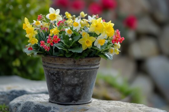 Mini daffodils and pansies in iron pot surrounded by stone in your backyard Natural light selective focus