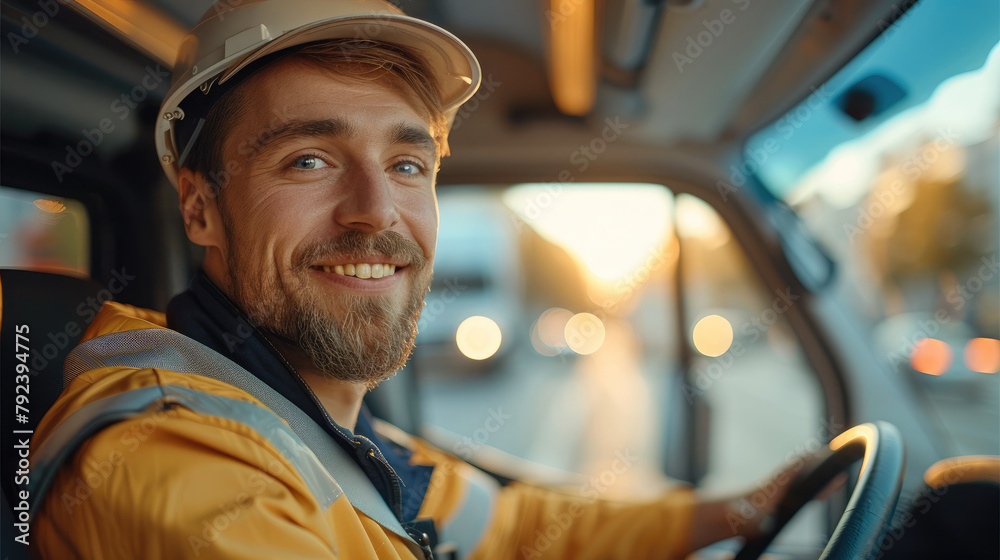 Poster smiling driver driving delivery of parcel. delivery concept. generative ai.