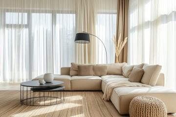 Fototapeta premium Minimalist and sophisticated living room with large windows white curtains beige furniture contemporary table and black lighting fixture