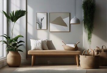 interior bench render palm 3d baskets poster Scandinavian pots Mock branches