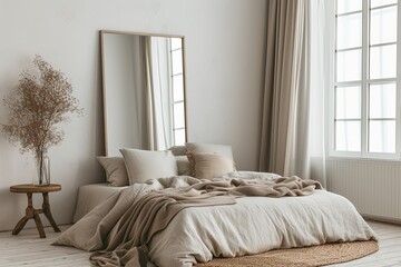 Minimalist bedroom with double bed pillows soft blanket mirror wooden floor white wall large window curtains empty space