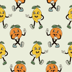 A seamless pattern with funny, cute and smiling lemon and orange character in a groovy style vector illustration