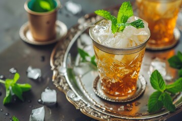 Mint julep alcoholic drink with mint ice and bourbon served on tray - obrazy, fototapety, plakaty
