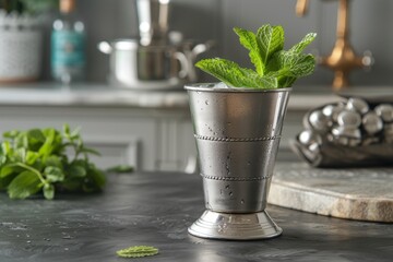 Mint julep on table made of metal glass - obrazy, fototapety, plakaty