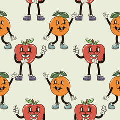 A seamless pattern with funny, cute and smiling apple and orange character in a groovy style vector illustration