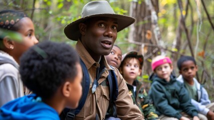 A park ranger guiding a group of curious children through a nature reserve educating them on the importance of preserving the diverse ecosystems of their local environment. .