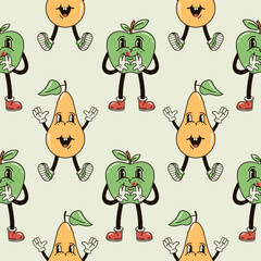A seamless pattern with funny, cute and smiling apple and pear character in a groovy style vector illustration
