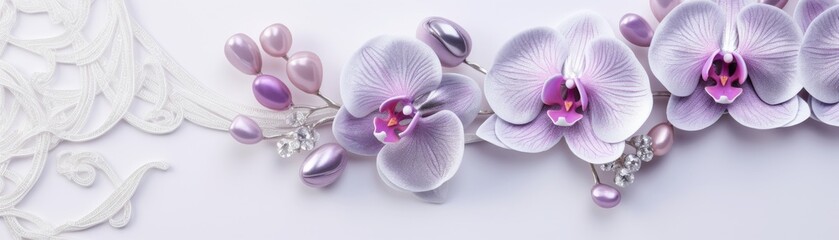 Obraz na płótnie Canvas Luxurious silver earrings with delicate stones and soft purple orchids, displayed on a plush velvet surface for an elegant presentation