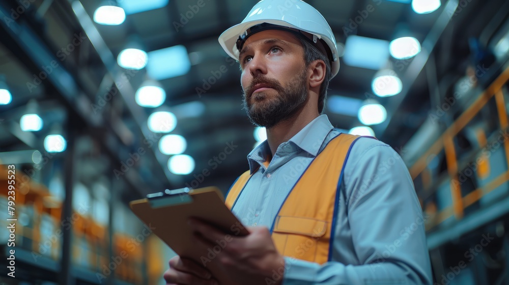 Poster young energetic professional factory worker inspecting factory light panels on the roof with a clip 