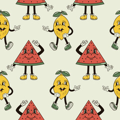 A seamless pattern with funny, cute and smiling lemon and watermelon character in a groovy style vector illustration