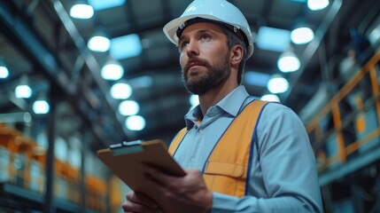 Young energetic professional factory worker inspecting factory light panels on the roof with a clip board in his hand. Generative AI.