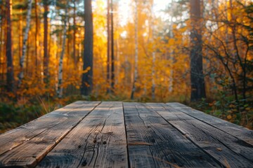 Naklejka na ściany i meble Beautiful blurred boreal forest background view with empty rustic wooden table for mockup product display. Picnic table with customizable space on table-top for editing. Flawless - generative ai