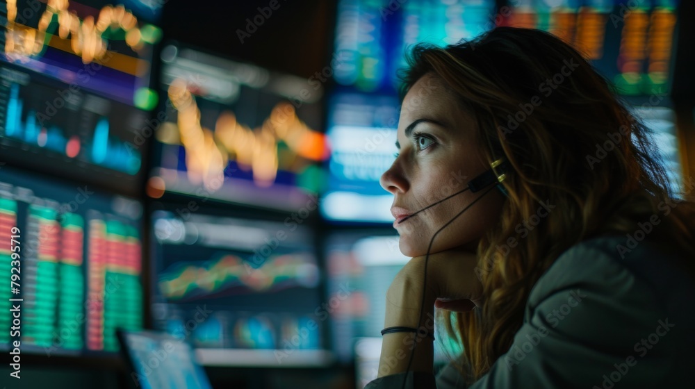 Poster a woman monitoring stock prices on multiple screens with intense focus