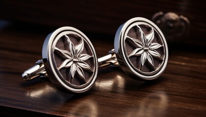 Luxurious display of sleek silver cuff links with sophisticated lily motifs, arranged elegantly on a dark wooden desk for a classy effect