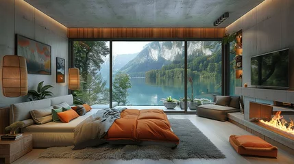 Foto auf Leinwand Beautiful wooden bedroom with a long luxurious gray high ceiling with orange cushions and a fireplace overlooking the lake. Generative AI. © visoot