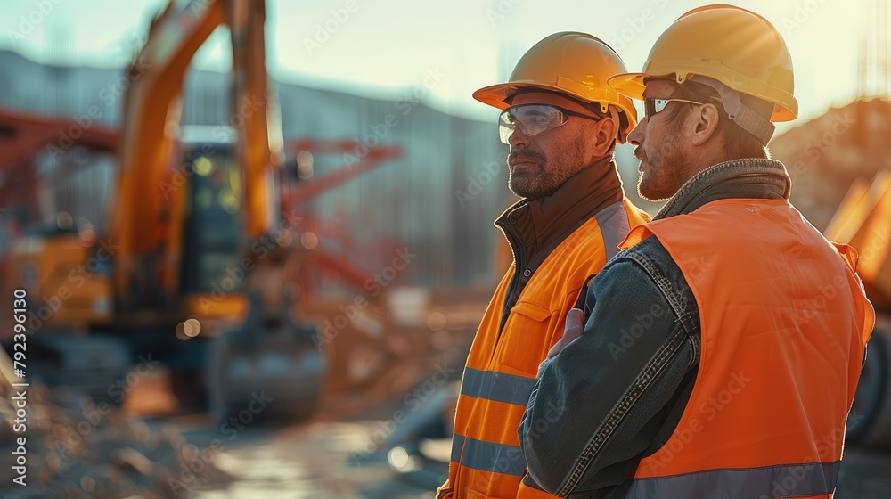 Poster two construction workers looking at machines at a construction site. generative ai.