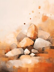 Oil painting, broad brush strokes, illustration, poster design, terracotta, beige, and gold color, strange stones, abstract graphic, rock, stone, fog, minimalistic, old stained paper