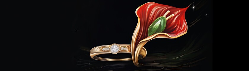 Luxurious colored gemstone ring with a vibrant, richly colored anthurium flower, showcased against a deep, elegant velvet backdrop - obrazy, fototapety, plakaty