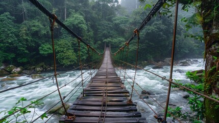 A wooden suspension bridge swaying gently in the breeze, offering adventurers an exhilarating crossing over the rushing river below. - obrazy, fototapety, plakaty