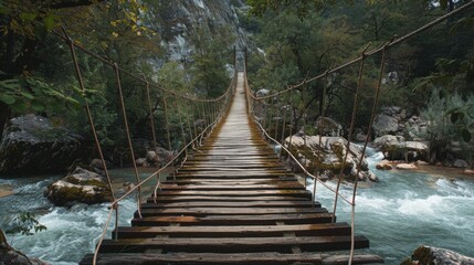 A wooden suspension bridge swaying gently in the breeze, offering adventurers an exhilarating crossing over the rushing river below. - obrazy, fototapety, plakaty
