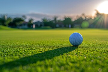 Morning sunshine illuminates a picturesque golf course with a tee and a golf ball inviting the first shot in a game enjoyed globally for its health - obrazy, fototapety, plakaty