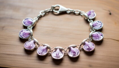 Fun and playful charm bracelet featuring bright silver tulips, styled on a light wood surface to emphasize its cheerful designDelicate locket pendant with a soft purple orchid flower, presented on a g