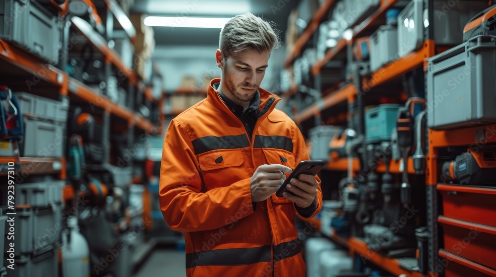 Poster Service engineer with toolbox using his phone. Generative AI.