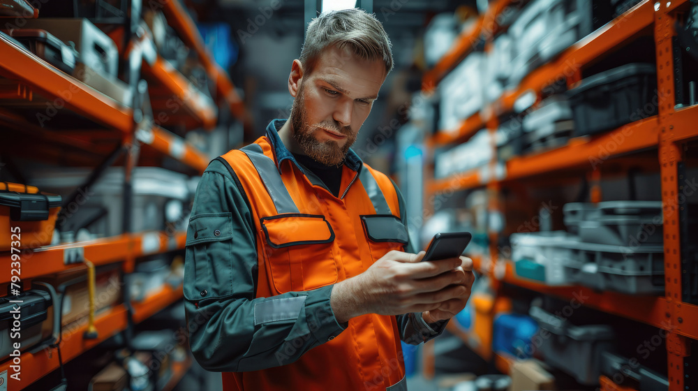 Leinwandbilder service engineer with toolbox using his phone. generative ai.