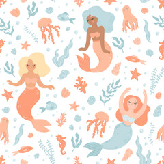Cute pattern with cartoon mermaids and underwater life - octopus, jellyfish, seahorse. Vector seamless hand-drawn texture with sea elements on white background.