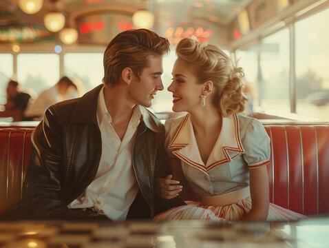A couple dressed in vintage 1950s attire, including a poodle skirt and leather jacket, at a classic diner setting
