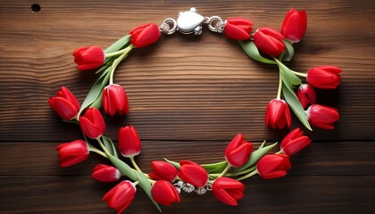 Naklejka na ściany i meble Elegant presentation of a charm bracelet featuring cheerful vibrant red tulips, arranged on a rustic wooden surface for a natural appeal