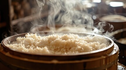 In a close-up shot, steam rises from the rice fermenting in the brewing barrel. Generative AI.