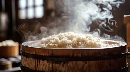 In a close-up shot, steam rises from the rice fermenting in the brewing barrel. Generative AI.