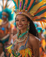 A model in a vibrant carnival costume, including feathers and beads, dancing at a colorful street festival