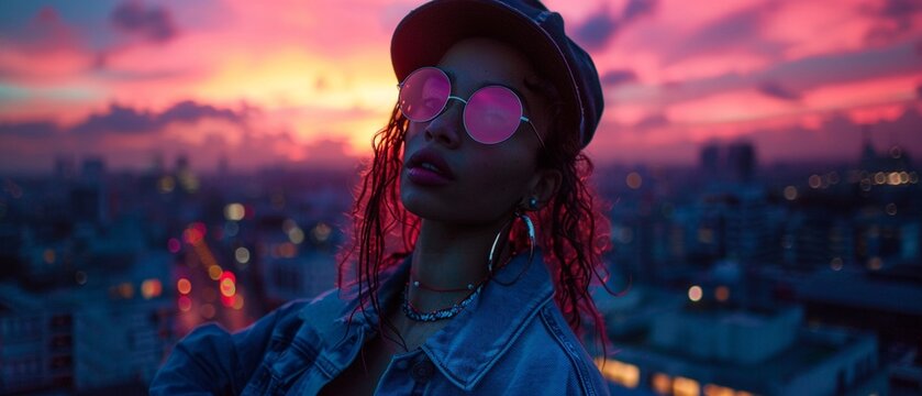 A model in an edgy urban outfit, including a denim jacket and chunky boots, posing in front of a cityscape at twilight