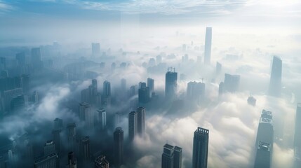 Aerial view of a city blanketed by a layer of smog, indicating poor air quality